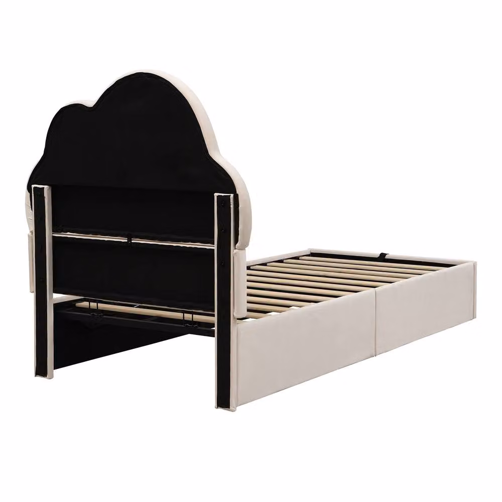 Merax Single Velvet Ottoman Bed Frame in Beige with Cloud Headboard, W/D/H: 90 x 190 x 113 cm – 3