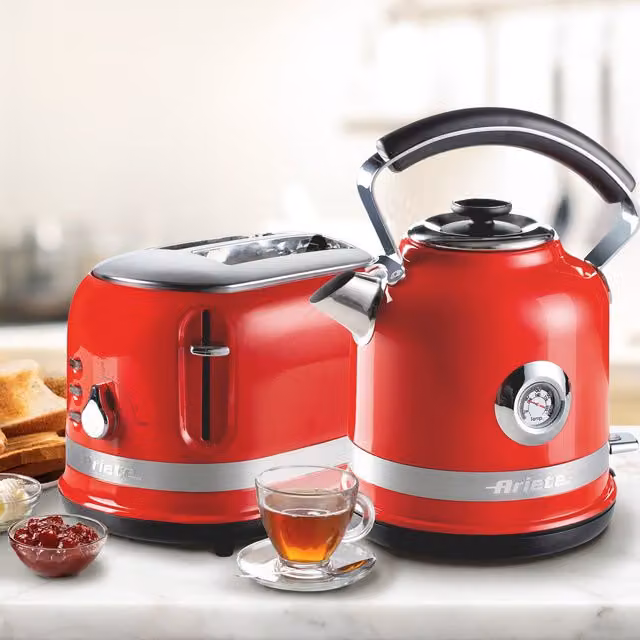 Ariete Red Stainless Steel Kettle and 2 Slice Toaster Set