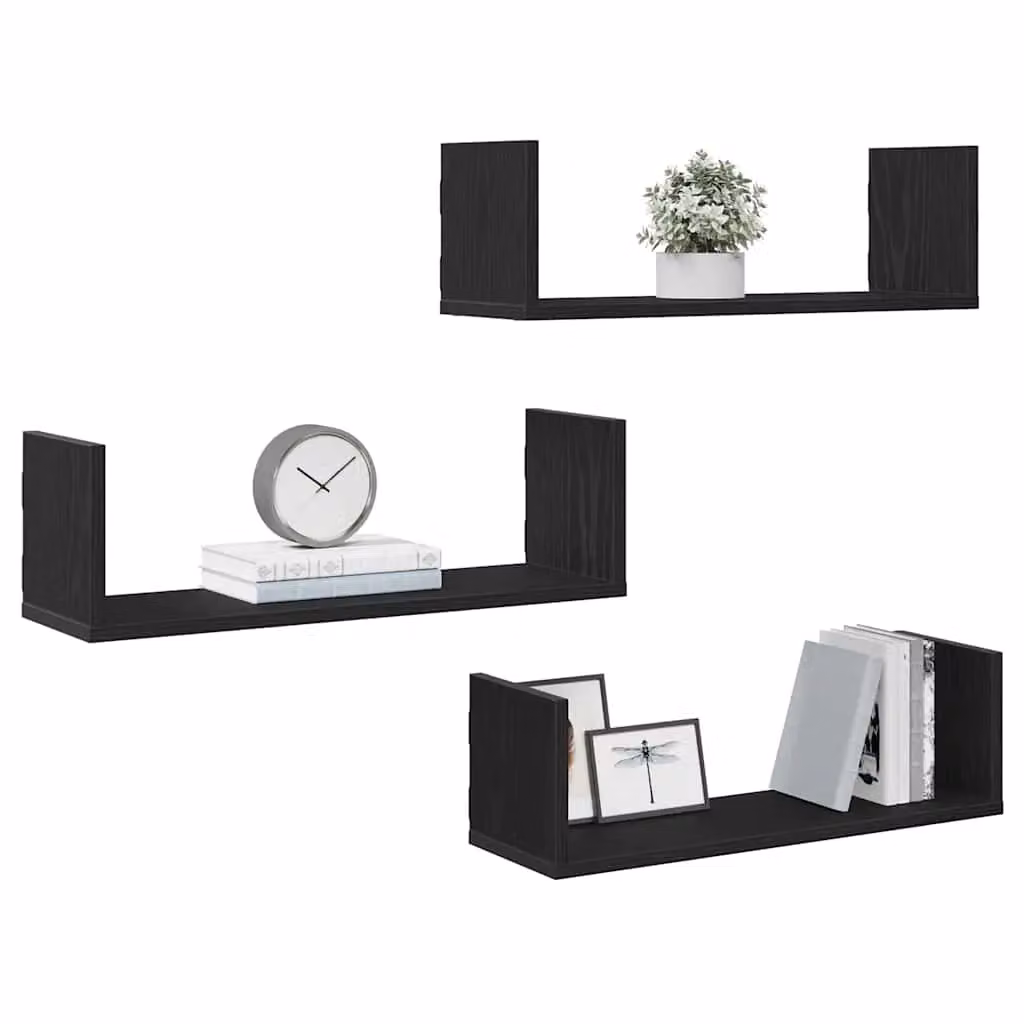 Berkfield Home Set of 3 Wall Mounted Shelves in Black Oak, W: 58 cm, D: 18 cm, H: 18 cm – 3