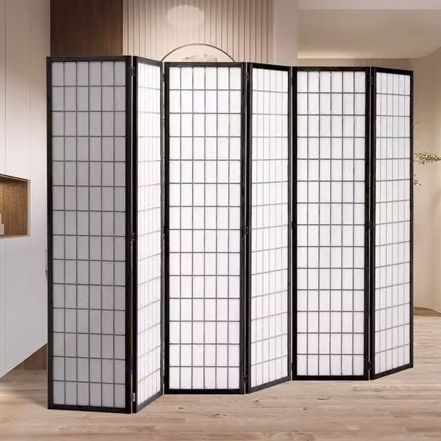 Livingandhome Black Geometric Japanese Folding Wooden Room Divider, 270 cm