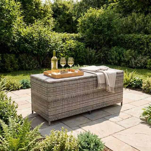 Malay Modern Grey Rattan and Metal Outdoor Patio Cushion Storage Box