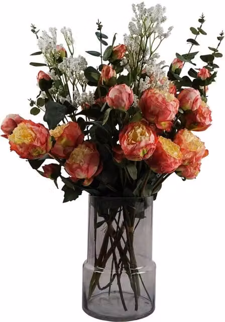 Leaf Design UK Smoke Grey Glass Vase with Pink Peonies and Artificial Eucalyptus, Height: 60 cm