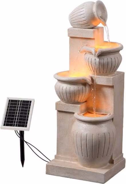 Teamson Home Solar Cascading Water Fountain in Yellow and Beige, Polyresin and Stone
