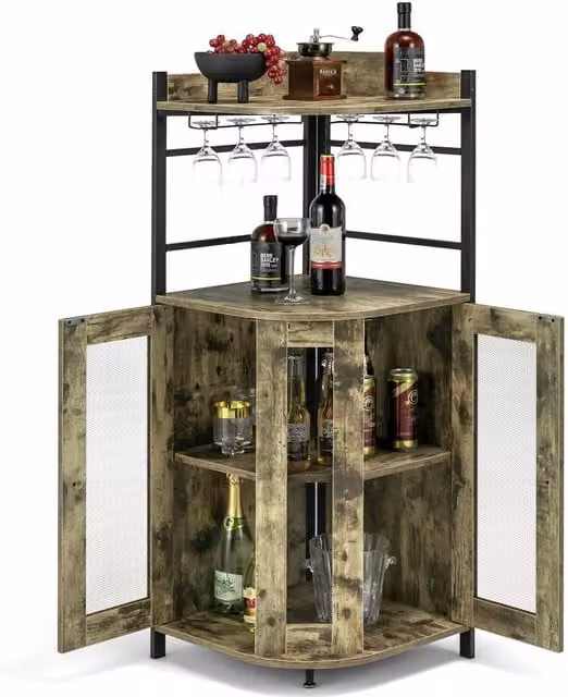 Costway Industrial Kitchen Corner Bar Cabinet with Glass Doors in Brown – 1