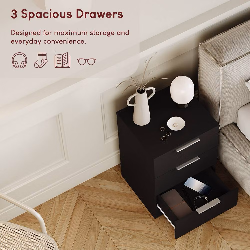 Vida Designs Trega 3 Drawer Bedside Chest Table Set of 2, Black – 6