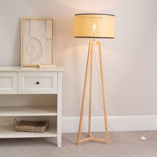 ValueLights Lottie Natural Wood Tripod Floor Lamp with Beige Rattan Cylinder Shade – 1