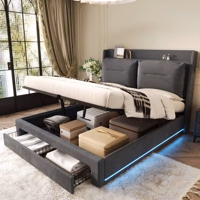 Rolipo Dark Grey Velvet Upholstered Double Bed with Hydraulic Storage and LED Lighting – 1