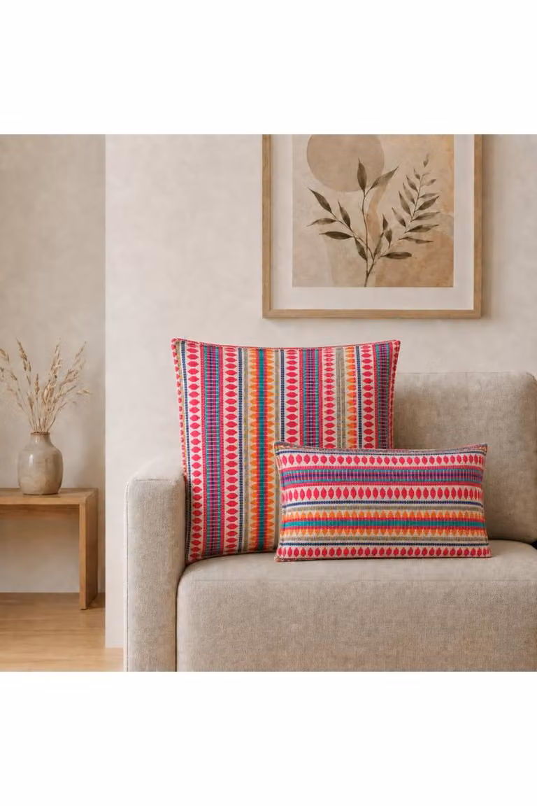 KDMD Neon Stripes Jumbo Cushion Cover, Multicolour Pink and Orange Handmade Cotton Square Cover, W/D/H: 60 x 60 x 60 cm