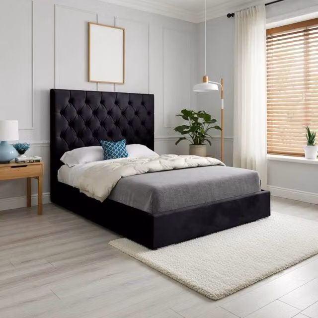 KDMD Fetcham Chesterfield Upholstered Designer Bed Frame in Black Soft Velvet, W/D/H: 120 x 200 cm