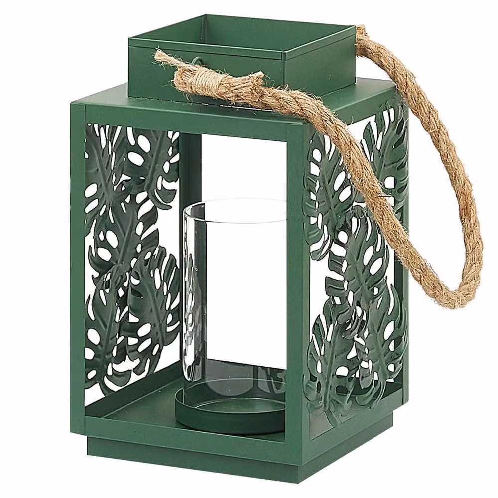 Wyld and Coco Monstera Green Metal and Glass Tabletop Lantern, H 25 cm – 2