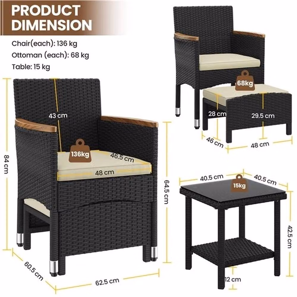 PAWNORA 5-Piece Modern Black Rattan and Acacia Wood Patio Furniture Set – 2