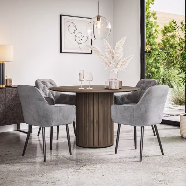 Arlo Modern Round Dining Table Set with 4 Grey Velvet Chairs