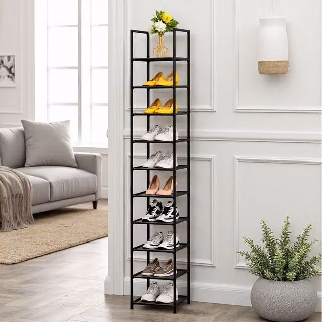 Livingandhome 10 Tier Metal Shoe Rack for Hallway and Entryway Storage, Black