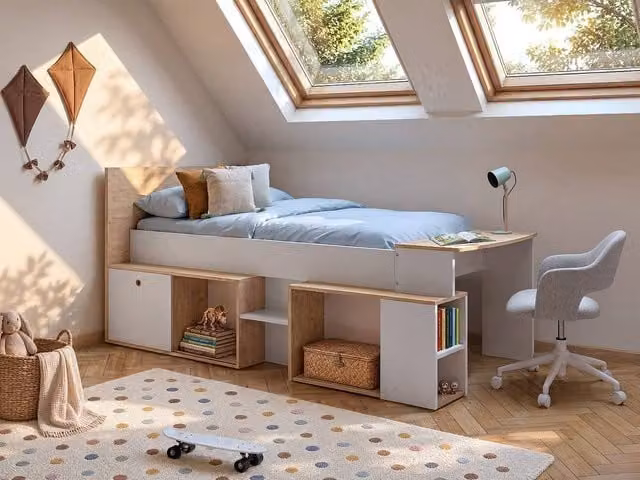 Vente-unique Single Combination Bed with Desk and Storage in White, W/D/H: 200 x 90 x 117.6 cm – 1