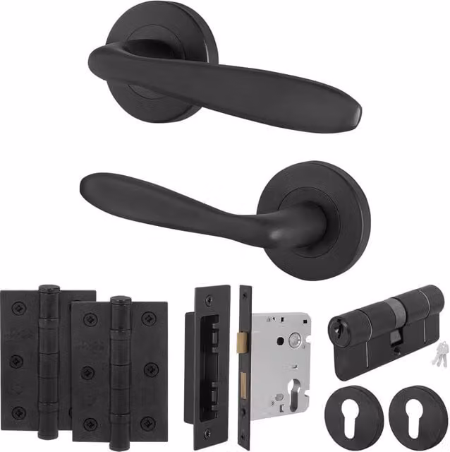 AFIT Black Euro Thumbturn Cylinder Door Handle, Lock and Hinges Set