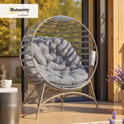 Outsunny Egg Lounge Chair with Upholstered Cushions and Powder Coated Steel Frame, Grey – 2
