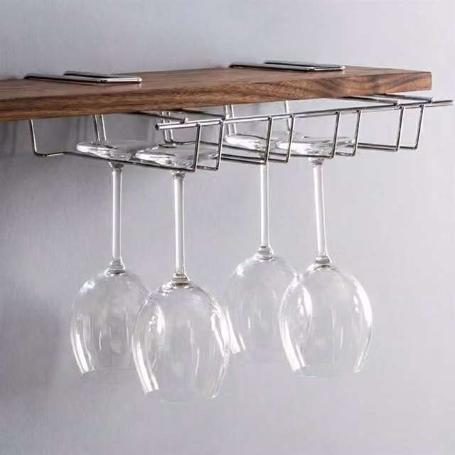 PAWNORA Silver Stainless Steel Under Shelf Hanging Wine Glass Holder