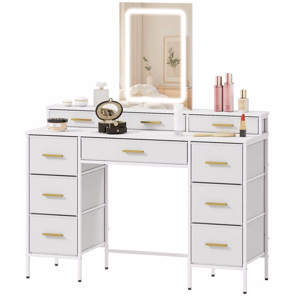 STILVORA Dressing Table with LED Mirror and 10 Drawers in White and Gold – 3