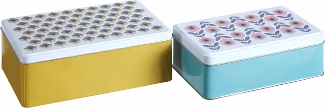 Orsina Set of 2 Rectangular Metal Storage Tins with Floral Printed Lids, Multicolour