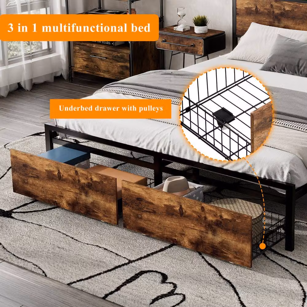 ModernLuxe Metal Double Bed in Walnut with LED Strip, 2 Drawers, Storage Headboard and USB Charging Port, W/D/H: 140 x 190 x 105 cm – 6