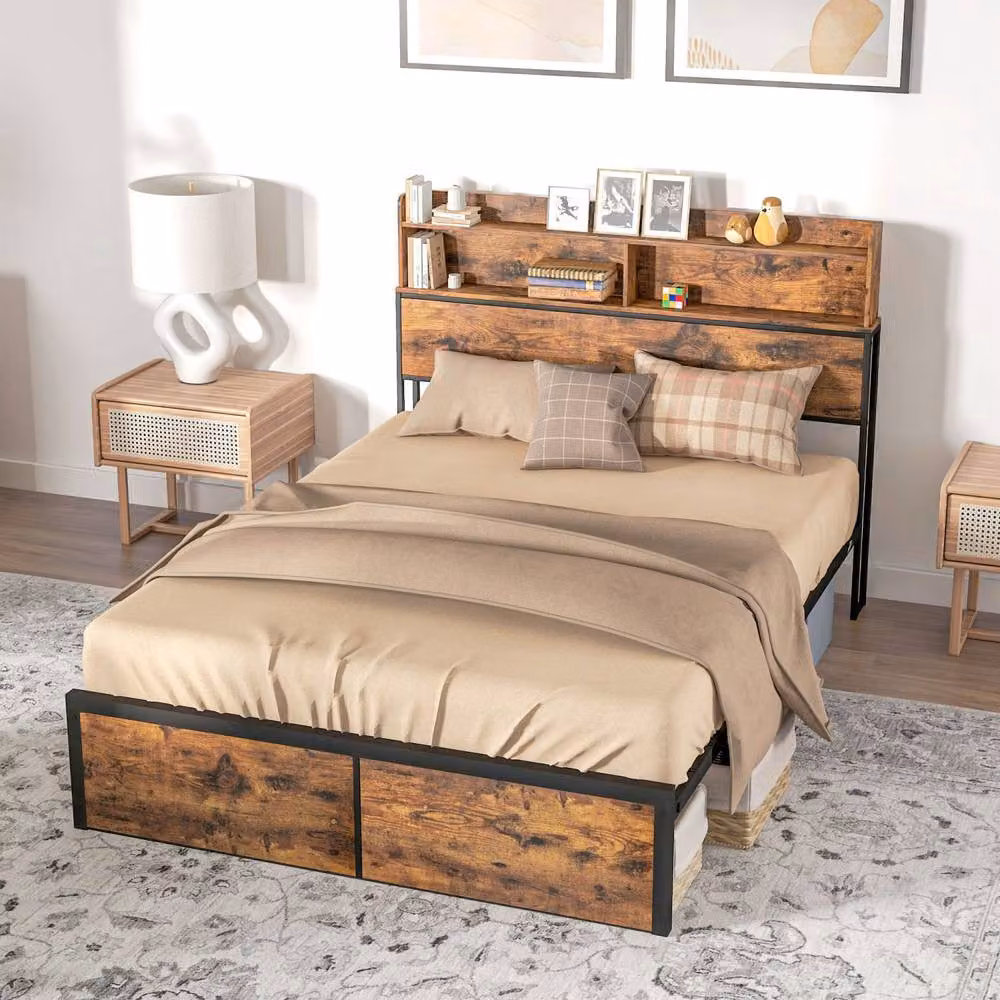 Wyld Haus Sata Industrial Double Bed Frame with Headboard and Side Compartments, Brown and Black, W/D/H: 140 x 200 cm – 3