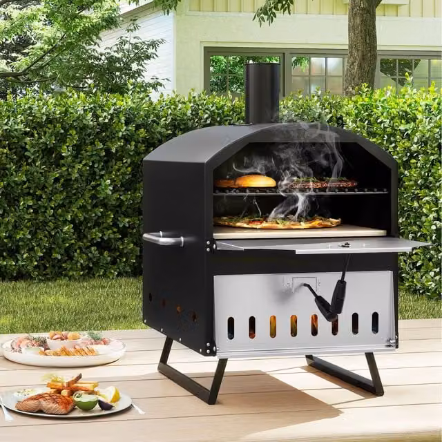 COSTWAY Portable 2-Layer Wood Fired Pizza Oven with Stone in Black