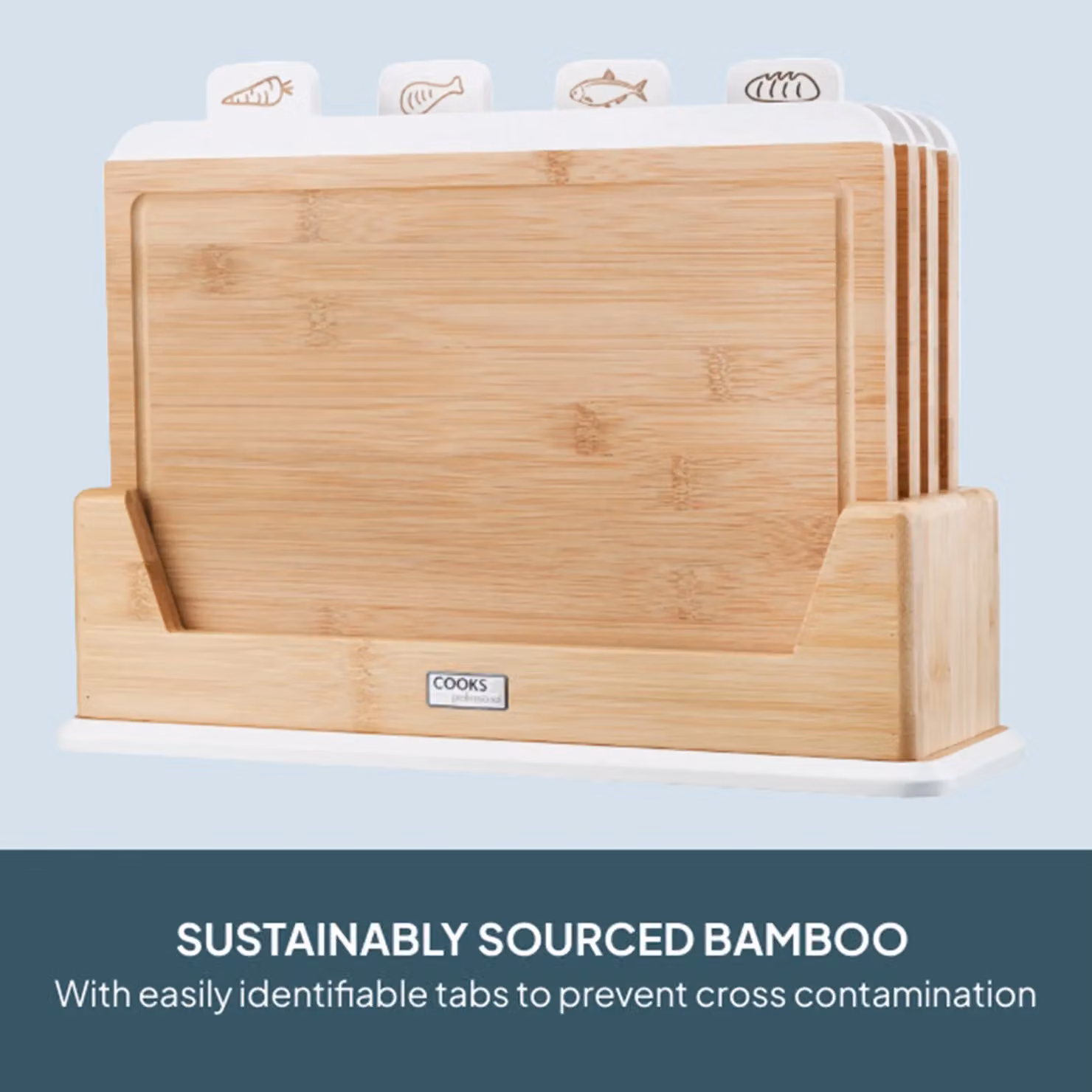 Cooks Professional Set of 4 White Bamboo Index Chopping Boards with Stand and Food Type Tabs – 2
