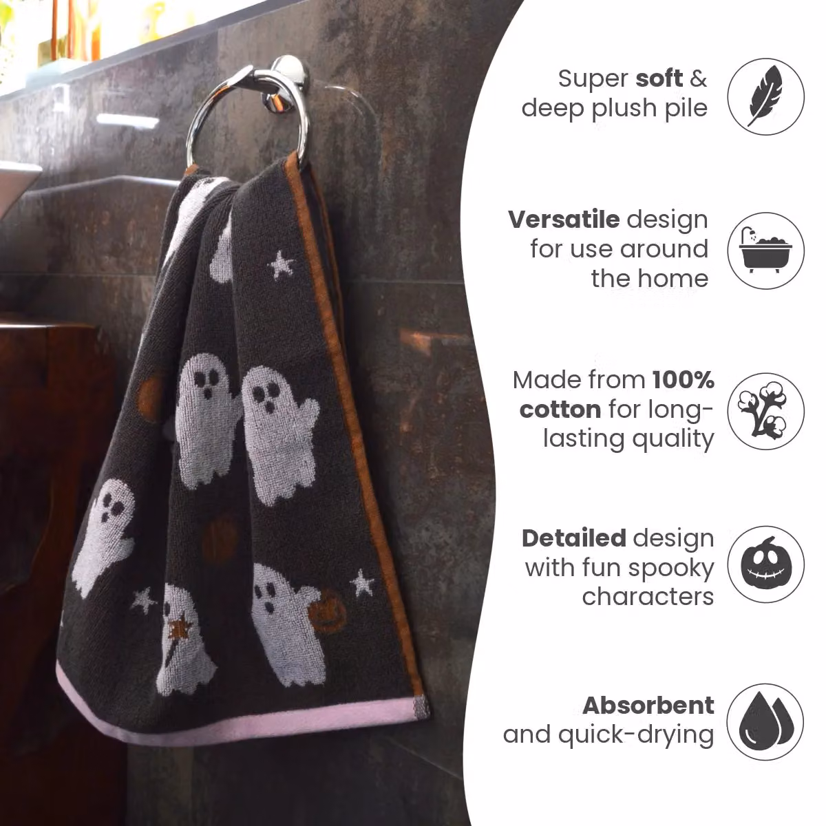 Allure Bath Fashions Luxury Halloween Hand Towels in Grey, 100% Cotton – 6