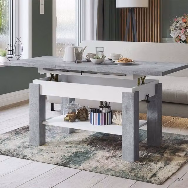 Heze Furniture Astoria 2 in 1 Extending Coffee or Dining Table in Concrete and White