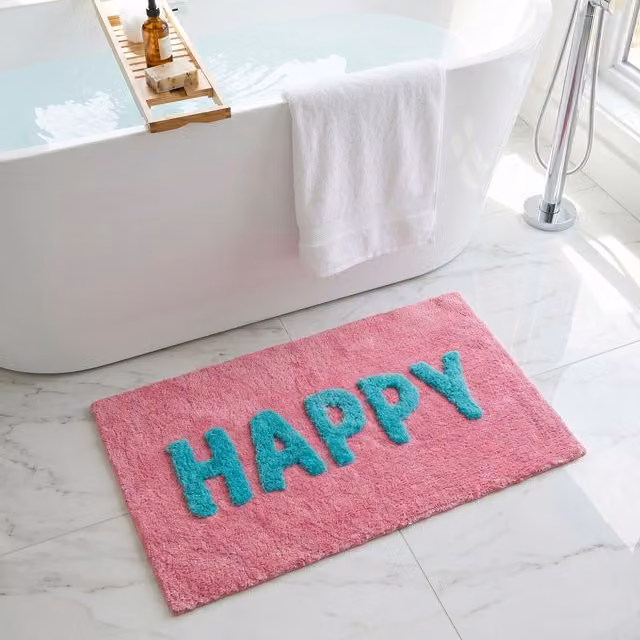 Mooky Mats Happy Slogan Non Slip Bath Mat in Pink and Turquoise, W: 50 cm, D: 80 cm