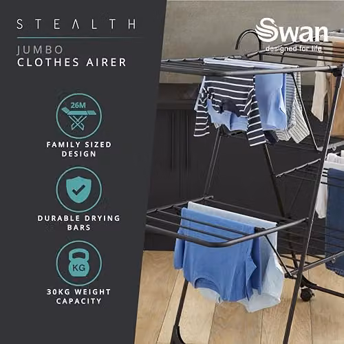 Swan Stealth Jumbo Collapsible Clothes Airer in Black with 26m Drying Space and Integrated Wheels – 2