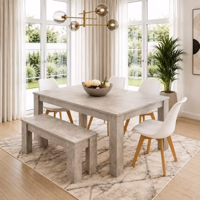 Kosy Koala Modern Stone Effect Dining Set with Rectangular Table, 4 Chairs and Bench in Grey and White