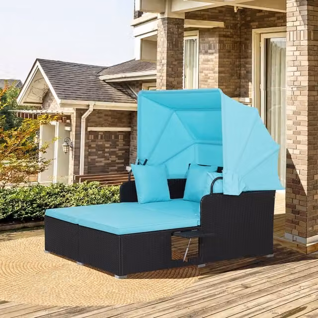 COSTWAY Blue Polyrattan Outdoor Daybed Patio Loveseat Sofa Set with Sun Canopy and Side Tray