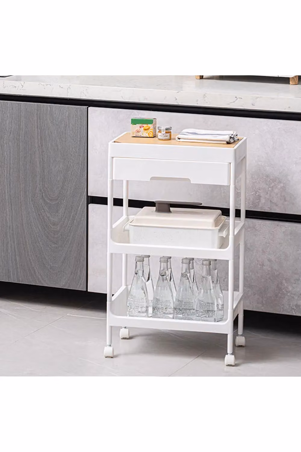 Living and Home 4-Tier Storage Trolley Cart with Drawer, White Kitchen and Home Office Organiser – 2