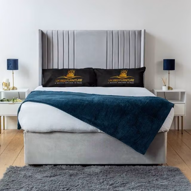 UK Bed Furniture Skyline Wingback Divan Bed Base with 54 Inch Headboard in Silver, Super King, W/D/H: 200 x 200 cm