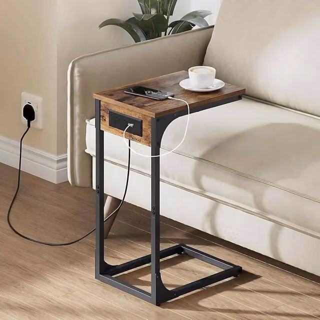 The Bazaarist C Shaped Side Table with USB Charging Station, Brown