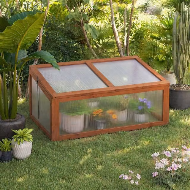 STILVORA Brown Wooden Cold Frame with Hinged Polycarbonate Top, W/D/H: 100 x 65 x 32 cm