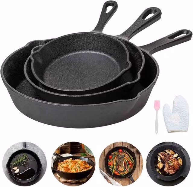 PAWNORA Set of 3 Pre-Seasoned Black Cast Iron Griddle Pans with Pouring Spouts