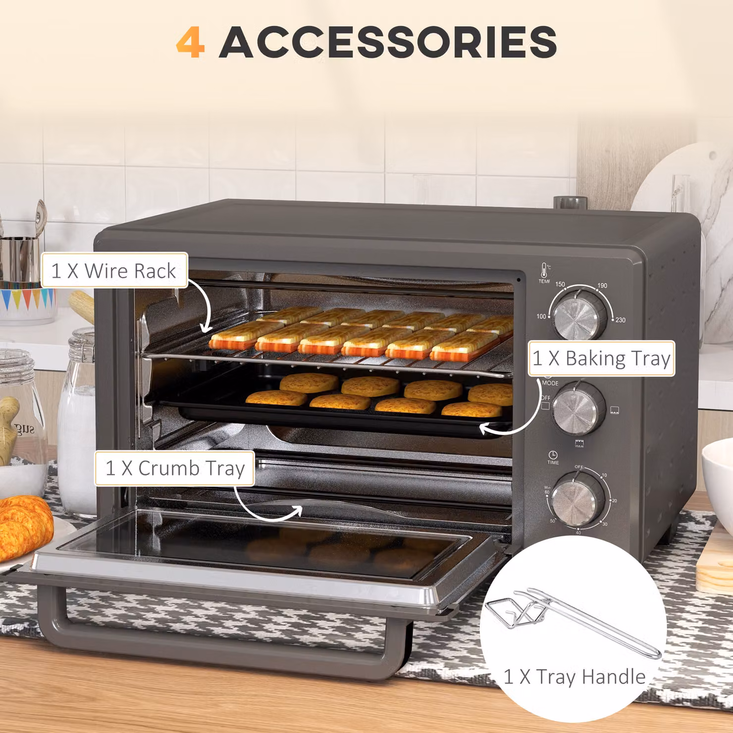 HOMCOM 21L Mini Countertop Electric Grill and Toaster Oven with Adjustable Temperature, Timer and 1400W Power, Grey – 4