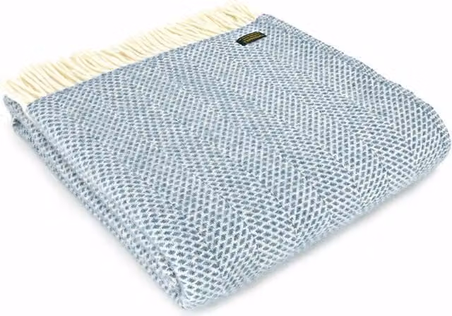Tweedmill Beehive Jacquard Wool Throw with Fringes in Petrol Blue