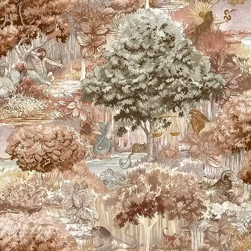 Holden Decor Astrology Burnt Orange Wallpaper with Forest Tree Zodiac Element and Botanical Floral Design