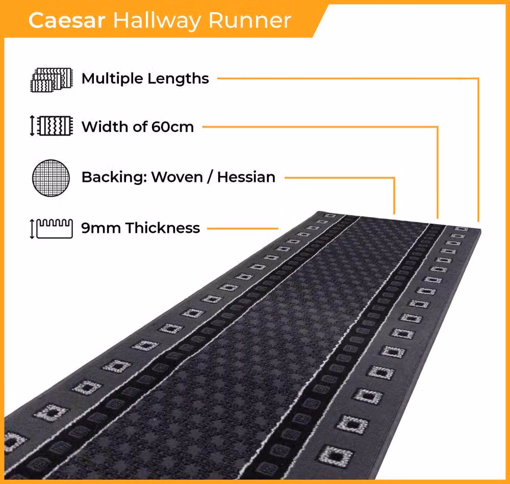 runrug Caesar Hallway Carpet Runner Rug in Dark Grey, W: 60 cm, L: 390 cm – 2