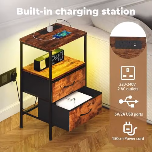 Levede Industrial Bedside Table in Brown with LED Lights, Charging Station, and 2 Fabric Storage Drawers, W/D/H: 30 x 40 x 60 cm – 4