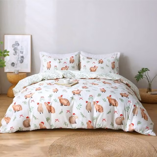 Grace Bedding Christmas Reversible Brushed Microfibre Duvet Cover and Pillowcase Set in Soft White, Double (W/H: 200 x 220 cm)