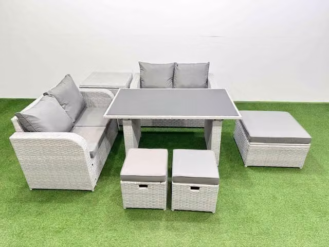Fimous 7 Piece Outdoor PE Rattan Sofa Set with Cushions, Side Table and 3 Stools in Light Grey