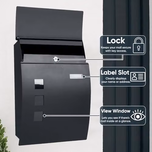ATEK Waterproof Wall Mounted Mailbox with Viewing Window and Nameplate, Black, H 45 cm x W 32 cm x D 10 cm – 7