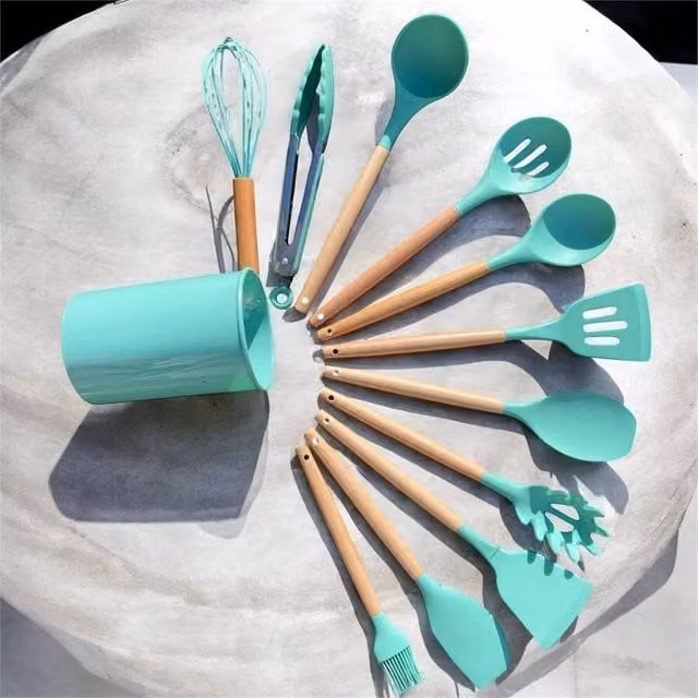 Nordara 12 Piece Green Silicone and Wood Kitchen Utensil Set – 1