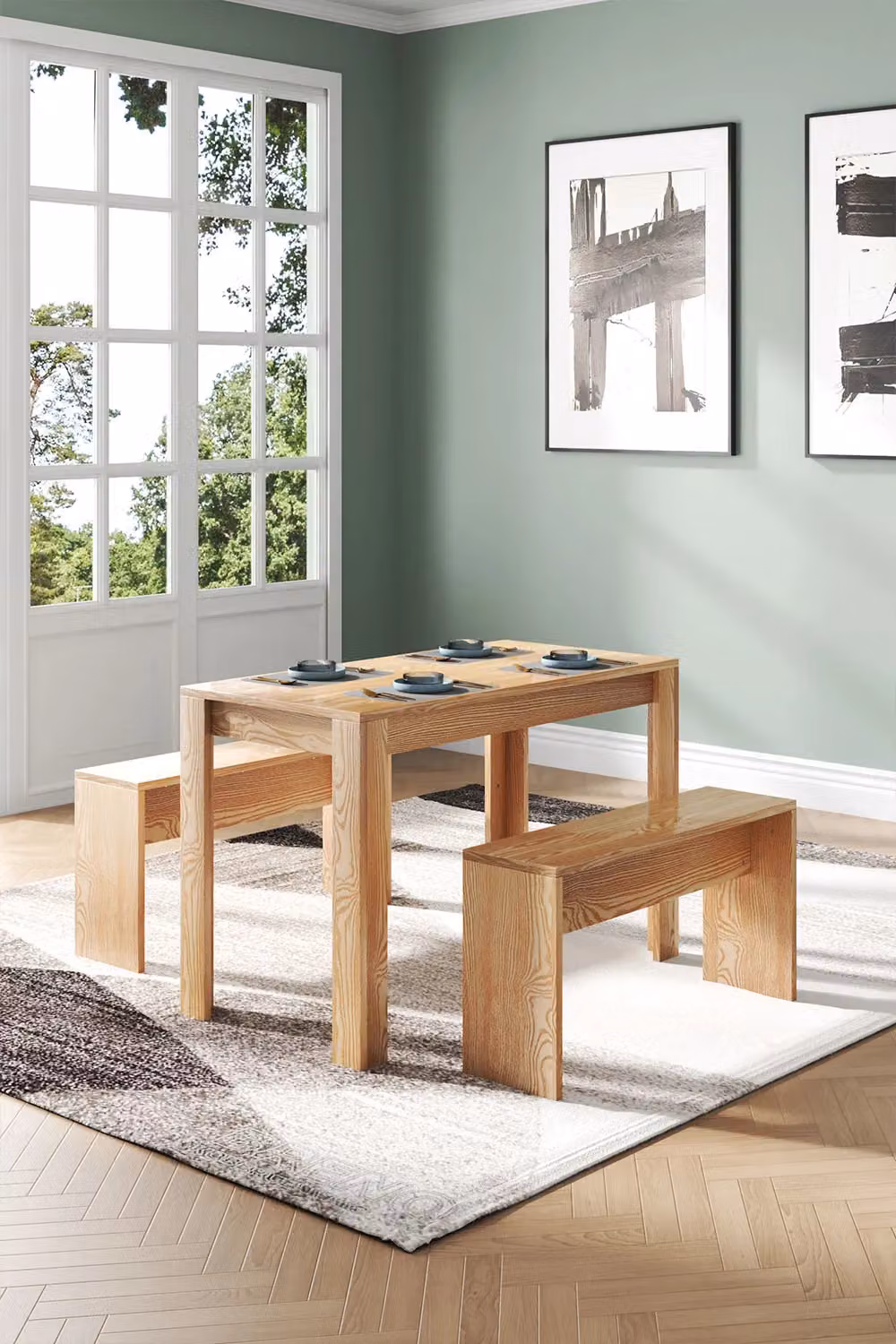 Livingandhome 3-Piece Wooden Dining Set with Table and Benches in Brown – 2