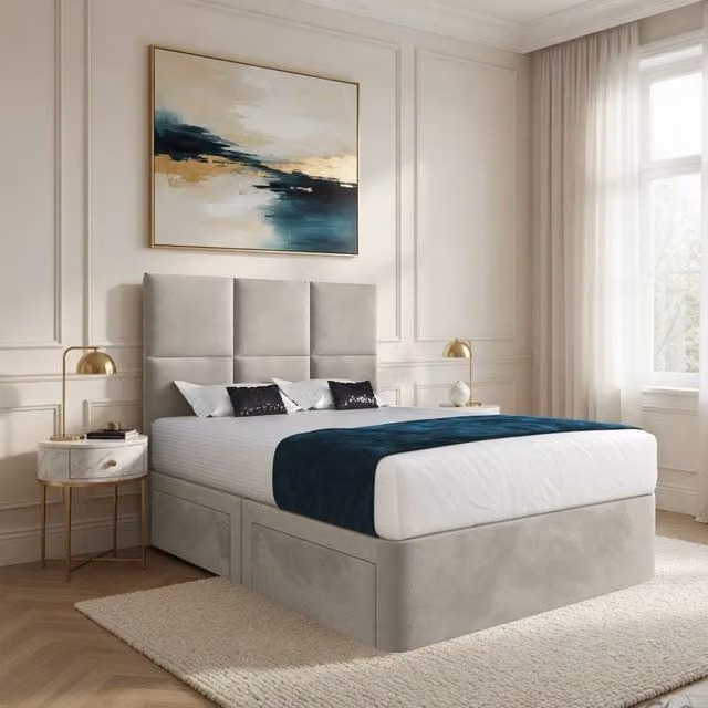 Casani Godalming Small Single Upholstered Divan Bed Frame with Floorstanding Headboard and Drawers in Beige
