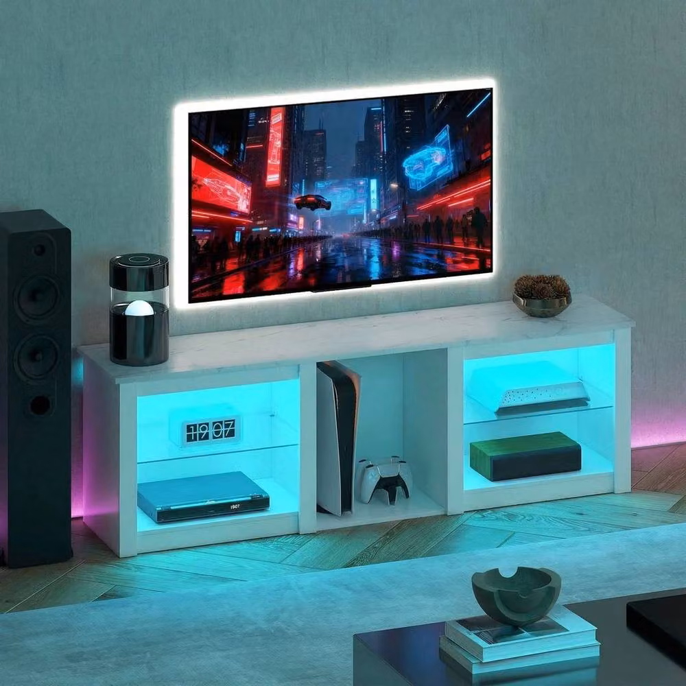 FORGEVIO Modern White TV Unit with Integrated LED Lights and Glass Details, W: 160 cm, D: 35 cm, H: 51.7 cm – 3